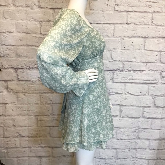Babydoll Dress Lg Floral Long Sleeve Green Milkmaid Tiered Ruffle Crepe Mini - Picture 3 of 10